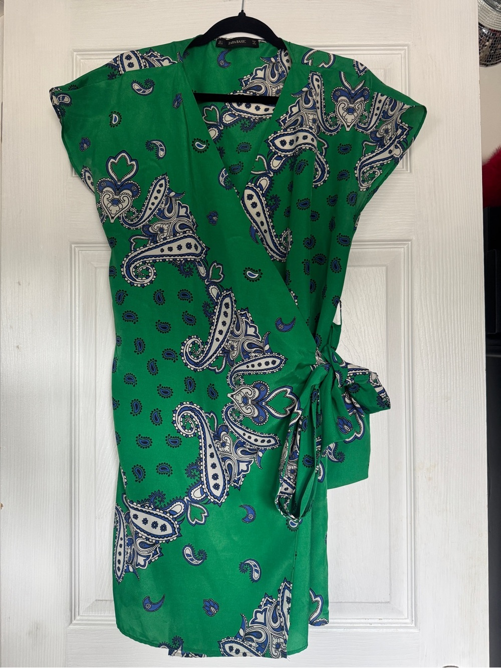 Zara Green Paisley Wrap Dress with Navy & White Accents